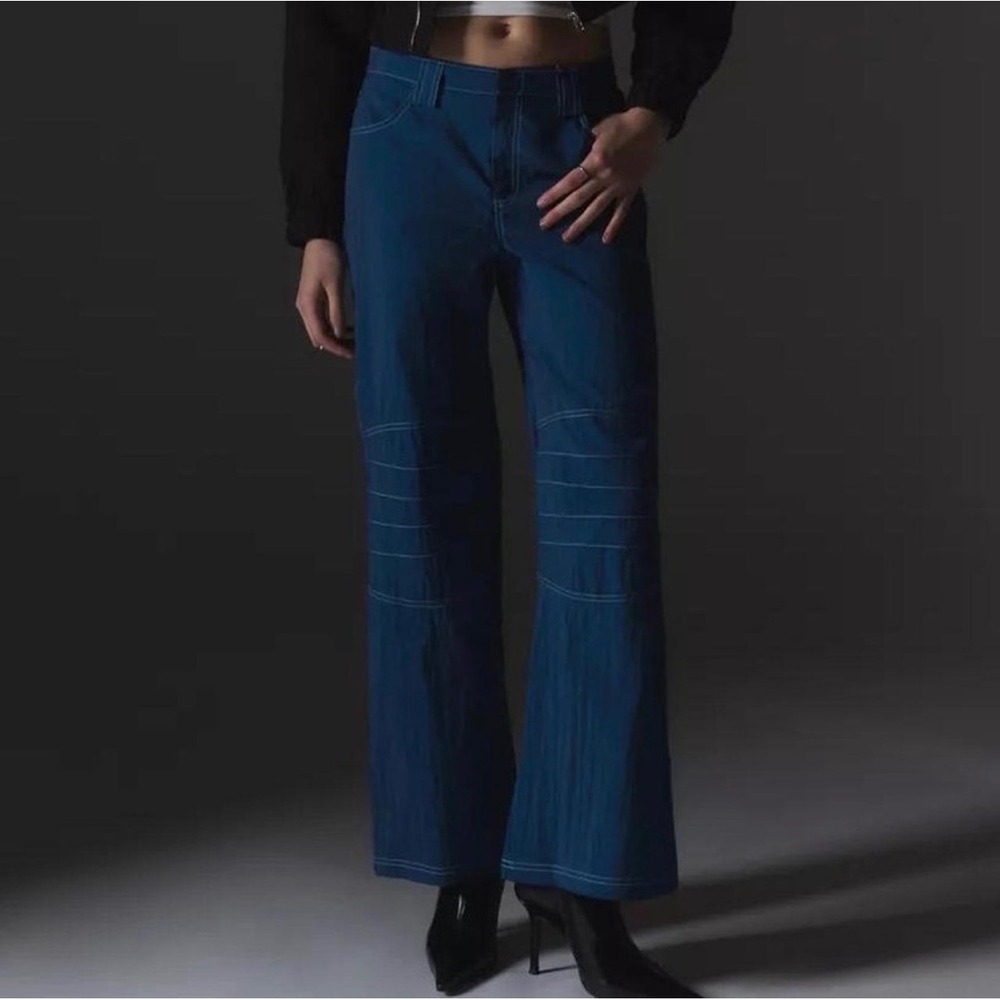 NWT Silence + Noise Navy Blue Contrast Stitch Nylon Utility Wide Leg Pants Sz 0